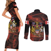 Canada Flag Coat of Arms Couples Matching Short Sleeve Bodycon Dress and Long Sleeve Button Shirt Light Wave Abstract Style