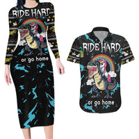 Christmas Dinosaur Unicorn Couples Matching Long Sleeve Bodycon Dress and Hawaiian Shirt Ride Hard or Go Home - Wonder Print Shop