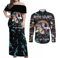 Christmas Dinosaur Unicorn Couples Matching Off Shoulder Maxi Dress and Long Sleeve Button Shirt Ride Hard or Go Home - Wonder Print Shop