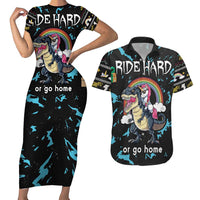 Christmas Dinosaur Unicorn Couples Matching Short Sleeve Bodycon Dress and Hawaiian Shirt Ride Hard or Go Home - Wonder Print Shop