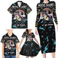 Christmas Dinosaur Unicorn Family Matching Long Sleeve Bodycon Dress and Hawaiian Shirt Ride Hard or Go Home - Wonder Print Shop