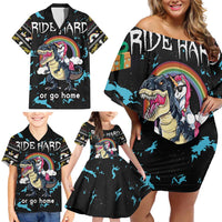 Christmas Dinosaur Unicorn Family Matching Off Shoulder Short Dress and Hawaiian Shirt Ride Hard or Go Home - Wonder Print Shop