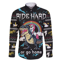 Christmas Dinosaur Unicorn Family Matching Off Shoulder Short Dress and Hawaiian Shirt Ride Hard or Go Home - Wonder Print Shop