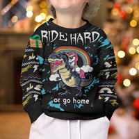 Christmas Dinosaur Unicorn Kid Ugly Christmas Sweater Ride Hard or Go Home - Wonder Print Shop