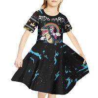 Christmas Dinosaur Unicorn Kid Short Sleeve Dress Ride Hard or Go Home - Wonder Print Shop