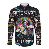 Christmas Dinosaur Unicorn Long Sleeve Button Shirt Ride Hard or Go Home - Wonder Print Shop