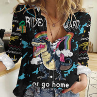 Christmas Dinosaur Unicorn Women Casual Shirt Ride Hard or Go Home - Wonder Print Shop
