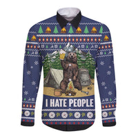 Bear Christmas Long Sleeve Button Shirt Camping I Hate People - Wonder Print Shop