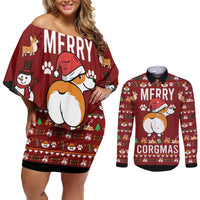 Funny Corgi Dog Couples Matching Off Shoulder Short Dress and Long Sleeve Button Shirt Merry CORGMAS Christmas - Wonder Print Shop
