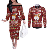 Funny Corgi Dog Couples Matching Off The Shoulder Long Sleeve Dress and Long Sleeve Button Shirt Merry CORGMAS Christmas