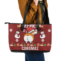 Funny Corgi Dog Leather Tote Bag Merry CORGMAS Christmas - Wonder Print Shop