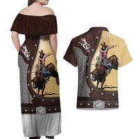 Personalized Name Bull Riding Couples Matching Off Shoulder Maxi Dress and Hawaiian Shirt Cowboy Courage Rodeo