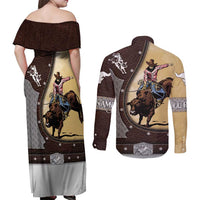 Personalized Name Bull Riding Couples Matching Off Shoulder Maxi Dress and Long Sleeve Button Shirt Cowboy Courage Rodeo