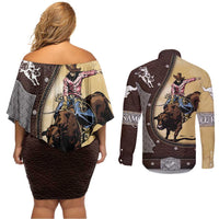 Personalized Name Bull Riding Couples Matching Off Shoulder Short Dress and Long Sleeve Button Shirt Cowboy Courage Rodeo