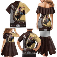 Personalized Name Bull Riding Family Matching Mermaid Dress and Hawaiian Shirt Cowboy Courage Rodeo