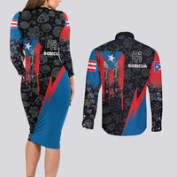 Puerto Rico Couples Matching Long Sleeve Bodycon Dress and Long Sleeve Button Shirt Boricua PR Flag Style
