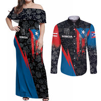 Puerto Rico Couples Matching Off Shoulder Maxi Dress and Long Sleeve Button Shirt Boricua PR Flag Style