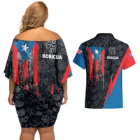 Puerto Rico Couples Matching Off Shoulder Short Dress and Hawaiian Shirt Boricua PR Flag Style