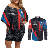 Puerto Rico Couples Matching Off Shoulder Short Dress and Long Sleeve Button Shirt Boricua PR Flag Style