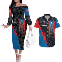 Puerto Rico Couples Matching Off The Shoulder Long Sleeve Dress and Hawaiian Shirt Boricua PR Flag Style