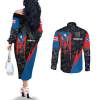 Puerto Rico Couples Matching Off The Shoulder Long Sleeve Dress and Long Sleeve Button Shirt Boricua PR Flag Style
