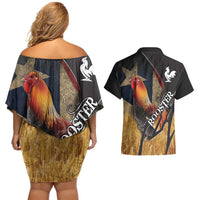 Puerto Rico Rooster Couples Matching Off Shoulder Short Dress and Hawaiian Shirt Gallo Boricua