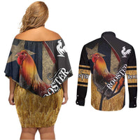 Puerto Rico Rooster Couples Matching Off Shoulder Short Dress and Long Sleeve Button Shirt Gallo Boricua