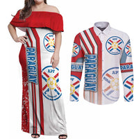 Paraguay Football Couples Matching Off Shoulder Maxi Dress and Long Sleeve Button Shirt La Albirroja Soccer - Road To Champion
