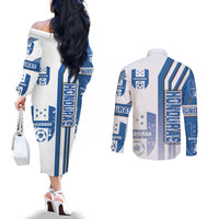 Honduras Football Couples Matching Off The Shoulder Long Sleeve Dress and Long Sleeve Button Shirt Los Catrachos Soccer - Road To Champion