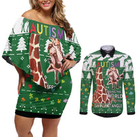 Giraffe Autism Couples Matching Off Shoulder Short Dress and Long Sleeve Button Shirt Seeing The World From Different Angles - Wonder Print Shop