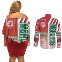 Morocco Football Couples Matching Off Shoulder Short Dress and Long Sleeve Button Shirt Atlas Lions Soccer - Road To Champion
