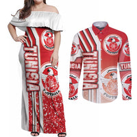 Tunisia Football Couples Matching Off Shoulder Maxi Dress and Long Sleeve Button Shirt Eagles of Carthage Soccer - Road To Champion