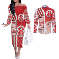 Tunisia Football Couples Matching Off The Shoulder Long Sleeve Dress and Long Sleeve Button Shirt Eagles of Carthage Soccer - Road To Champion
