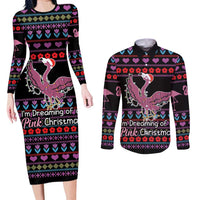 Flamingo Im Dreaming Of A Pink Christmas Couples Matching Long Sleeve Bodycon Dress and Long Sleeve Button Shirt - Wonder Print Shop