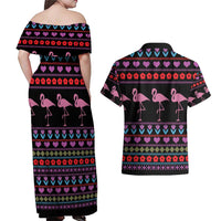 Flamingo Im Dreaming Of A Pink Christmas Couples Matching Off Shoulder Maxi Dress and Hawaiian Shirt - Wonder Print Shop