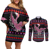 Flamingo Im Dreaming Of A Pink Christmas Couples Matching Off Shoulder Short Dress and Long Sleeve Button Shirt - Wonder Print Shop