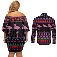 Flamingo Im Dreaming Of A Pink Christmas Couples Matching Off Shoulder Short Dress and Long Sleeve Button Shirt - Wonder Print Shop