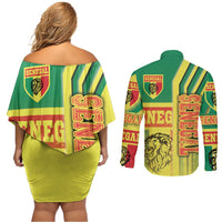 Senegal Football Couples Matching Off Shoulder Short Dress and Long Sleeve Button Shirt Lions of Teranga Soccer - Road To Champion - Wonder Print Shop