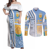 Argentina Football Couples Matching Off Shoulder Maxi Dress and Long Sleeve Button Shirt La Albiceleste Soccer - Road To Champion