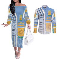 Argentina Football Couples Matching Off The Shoulder Long Sleeve Dress and Long Sleeve Button Shirt La Albiceleste Soccer - Road To Champion