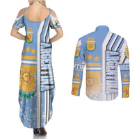 Argentina Football Couples Matching Summer Maxi Dress and Long Sleeve Button Shirt La Albiceleste Soccer - Road To Champion