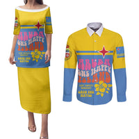 Aruba Couples Matching Puletasi and Long Sleeve Button Shirt One Happy Island 2025 - Wonder Print Shop