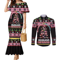 Flamingo Make Me Happy Christmas Tree Couples Matching Mermaid Dress and Long Sleeve Button Shirt Human Make My Head Hurt