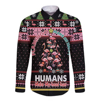 Flamingo Make Me Happy Christmas Tree Long Sleeve Button Shirt Human Make My Head Hurt - Wonder Print Shop