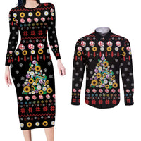 Hippie Xmas Couples Matching Long Sleeve Bodycon Dress and Long Sleeve Button Shirt Hippie Flower Christmas Tree - Wonder Print Shop