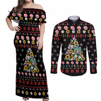 Hippie Xmas Couples Matching Off Shoulder Maxi Dress and Long Sleeve Button Shirt Hippie Flower Christmas Tree - Wonder Print Shop