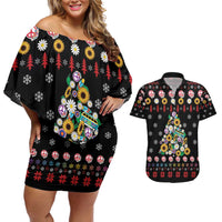 Hippie Xmas Couples Matching Off Shoulder Short Dress and Hawaiian Shirt Hippie Flower Christmas Tree - Wonder Print Shop