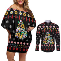 Hippie Xmas Couples Matching Off Shoulder Short Dress and Long Sleeve Button Shirt Hippie Flower Christmas Tree - Wonder Print Shop