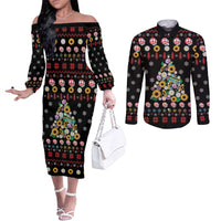 Hippie Xmas Couples Matching Off The Shoulder Long Sleeve Dress and Long Sleeve Button Shirt Hippie Flower Christmas Tree