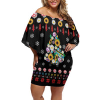 Hippie Xmas Off Shoulder Short Dress Hippie Flower Christmas Tree - Wonder Print Shop